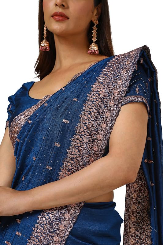 Soch Womens Blue Tussar Zari Embroidered Saree With Stone Work