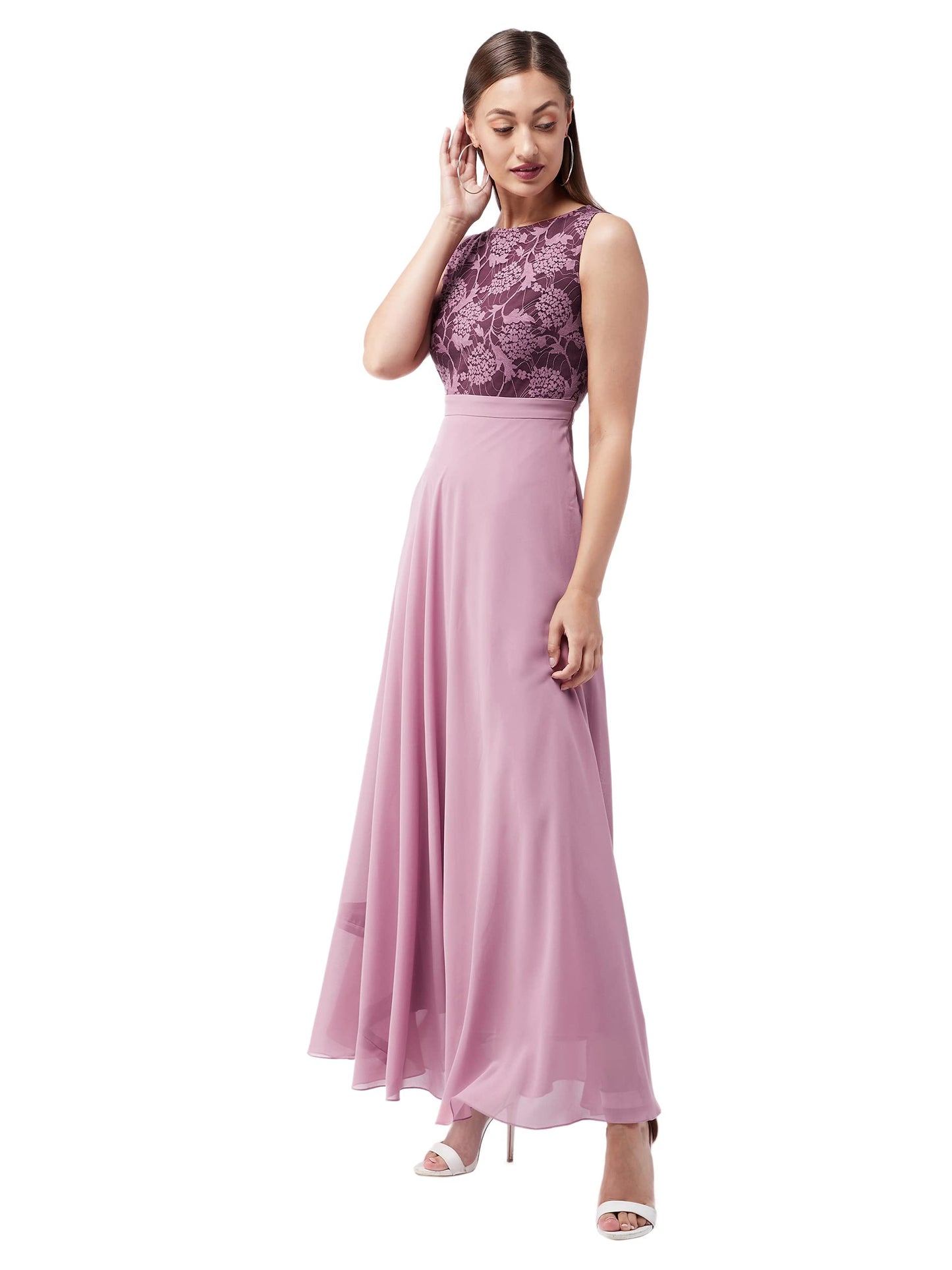 Miss Chase Women's Lavender Round Neck Sleeveless Solid Lace Overlaid Maxi Dress (MCAW19D08-57-196-02,Lavender,XS)