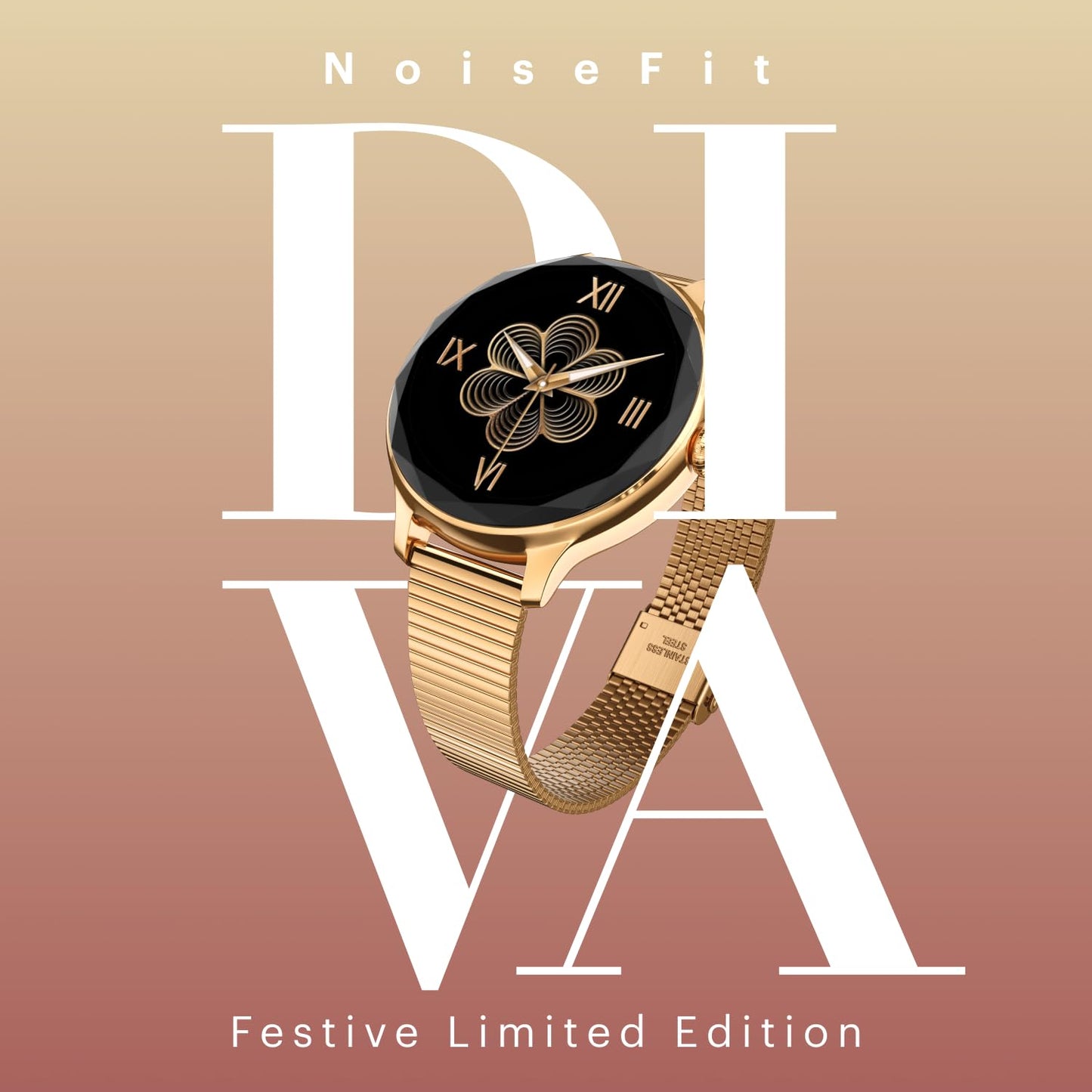 Noise Diva (Smartchoice) Smartwatch for Women with Diamond Cut Dial, Glossy Metallic Finish, AMOLED Display, New Metal Straps, 100+ Watch Faces, Female Cycle Tracker Smart Watch for Women (Rose Panel)