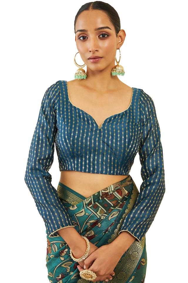 Soch Womens Turquoise Blue Crepe Saree With Floral Kalamkari Print And Zari Borders