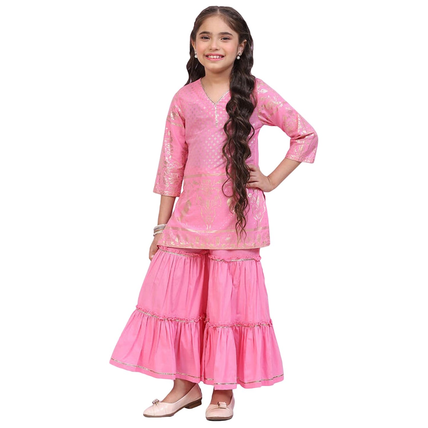 BIBA Girls Cotton A Line Printed Suit Set (KW4931EAW22PNK_Pink