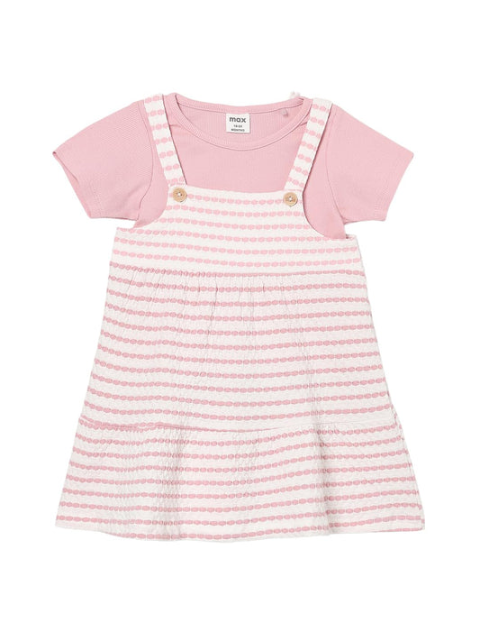 Max Girls Striped Pinafore Dress with T-Shirt (Pink_18-24 M)