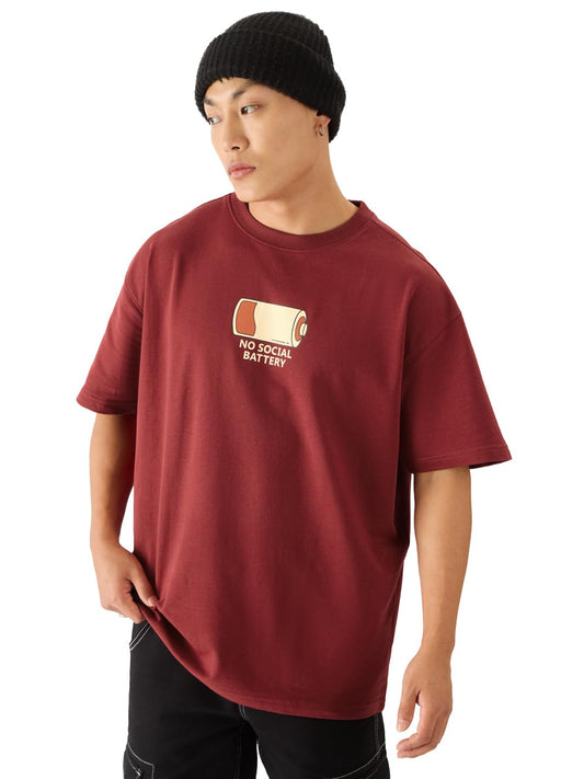The Souled Store No Social Battery Drop Shoulder Short Sleeve Round Neck Maroon Graphic Printed Cotton Oversized Baggy T-Shirts for Men and Boys