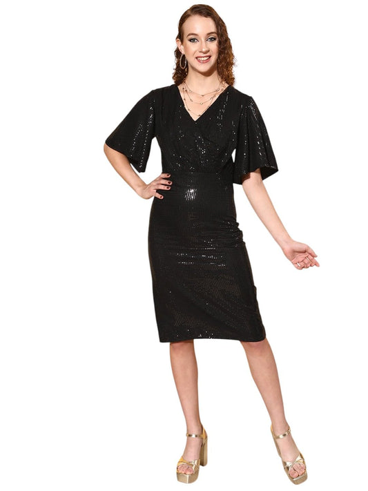 Black Sequin Wrap Front Midi Dress