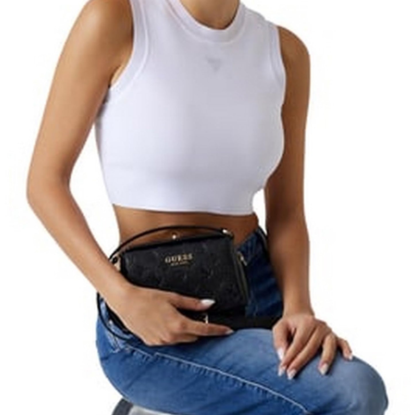 GUESS Women Black Geometric Adjustable Strap Mini Crossbody Bag