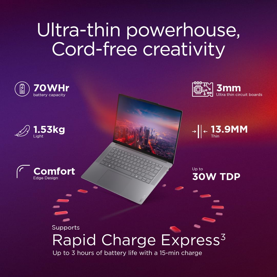 Lenovo Smartchoice Yoga Slim 7 Aura Edition, Intel Core Ultra 7 258V, 47 Tops, Copilot+ AI PC, 32GB RAM, 1TB SSD, 15"(38.86cm), Windows 11, MS Office Home 2024, Grey, 1.53Kg, 83HM004NIN, AI Laptop