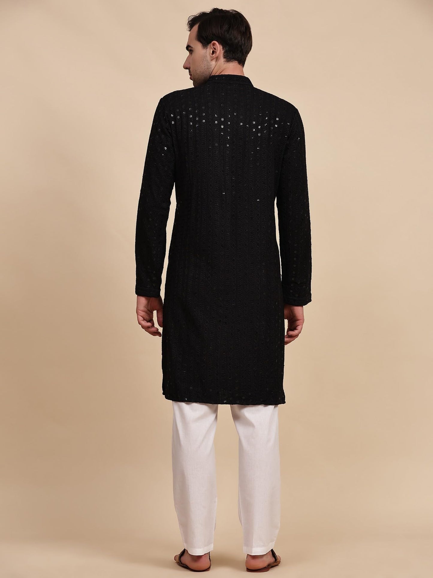 SKAVIJ Men's Viscose Rayon Embroidered Kurta Pajama Set Sequined Woven Design Festive Party Dress (KP137black_Black_XL)