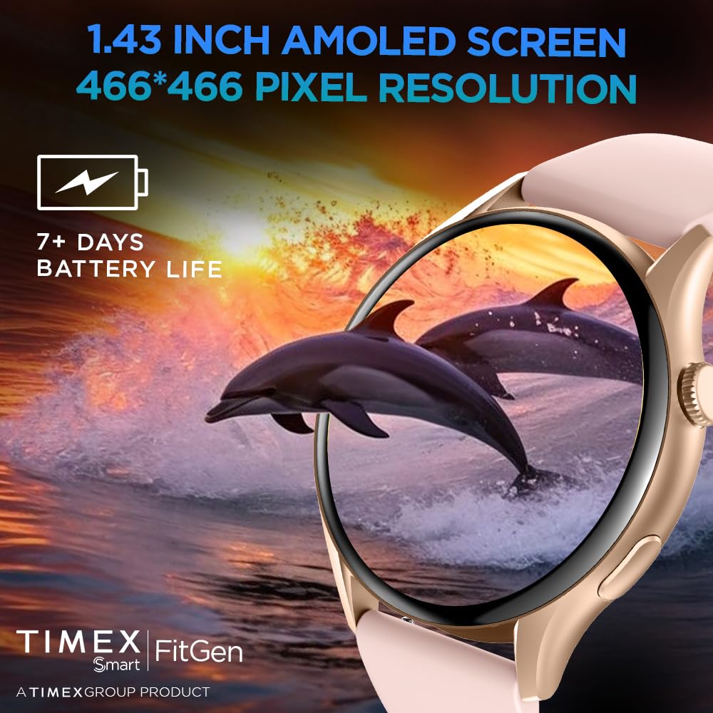 Timex FitGen 1.43" Round AMOLED Smartwatch with 466x466 Pixel Resolution|Single Sync Bluetooth Calling|Rotating Crown| Metallic Body|AI Voice Assist|100+ Sports Modes|Upto 7 Days Battery(Normal Usage)