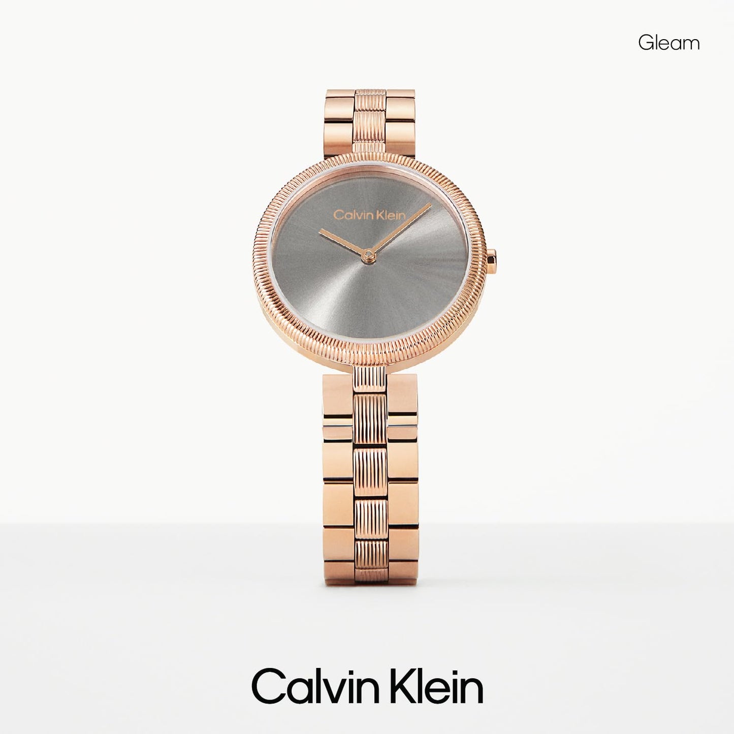Calvin Klein Gleam Qtz Basic Slim Grey Round Dial Women's Watch|Ionic Plated Rose Gold Steel Material|Rose Gold Color Band - 25100013