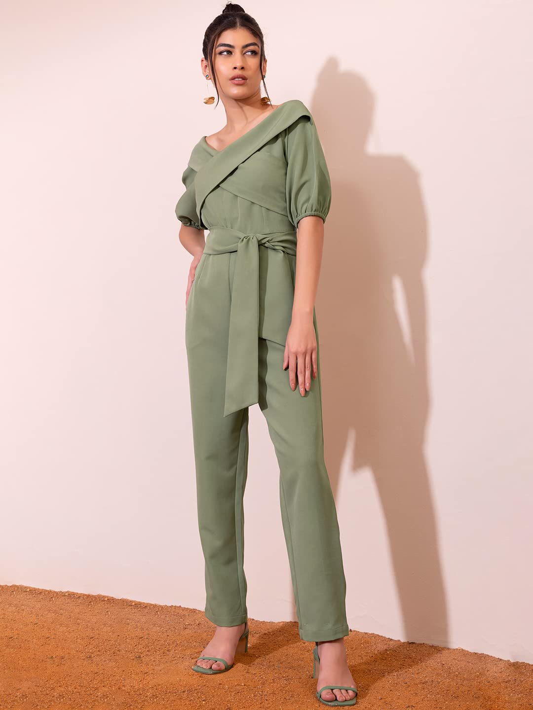 Faballey Light Green Drop Shoulder Front Tie Jumpsuit