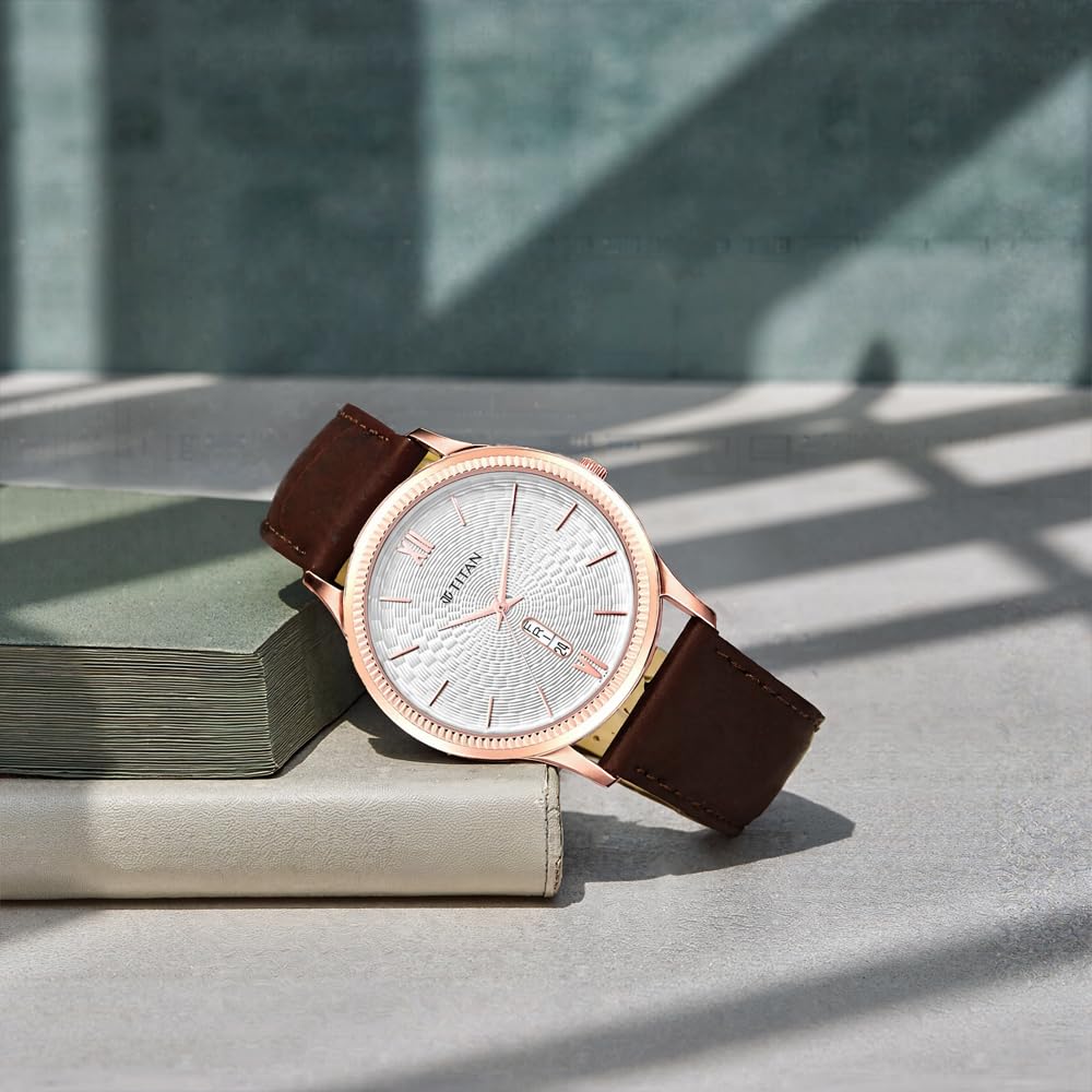 Titan Quartz Analog With Day & Date White Dial Brown Leather Strap Watch for Men - NT1824WL02