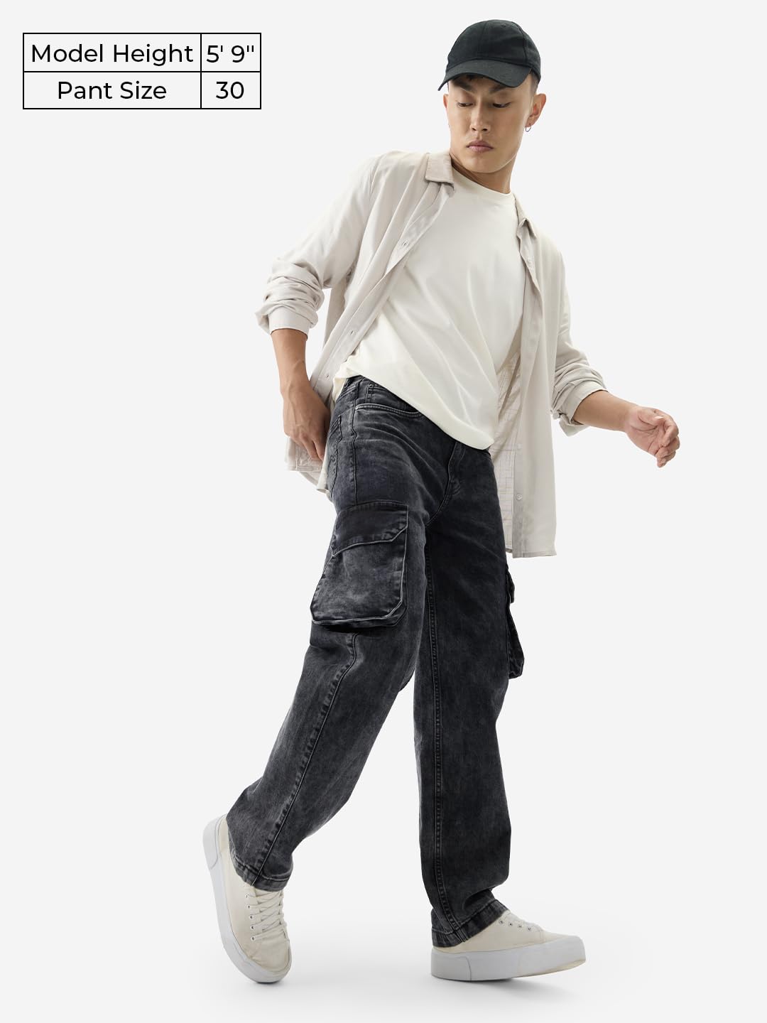 The Souled Store Solids: Stone Grey Men and Boys Buttoned Straight Fit Cargo Jeans