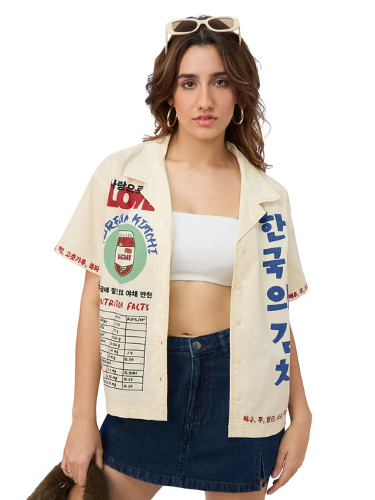 The Souled Store Cotton Linen Shirt: Kimchi Women and Girls Short Sleeves Spread Collar Graphic Printed Cotton Linen Blend Oversized Fit Lightweight Summer-Ready Holiday Shirt for Casual Streetwear