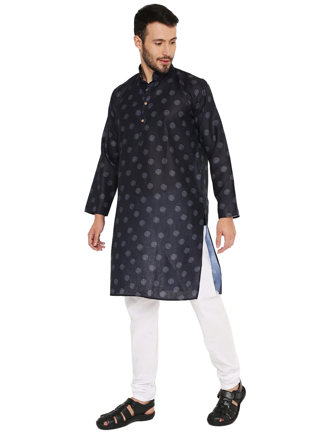LUCKWIN Linen Regular Fit, Mandarin Collar, Printed Kurta Pyjama Set in Blue for Men [LWKP160-44-2023]