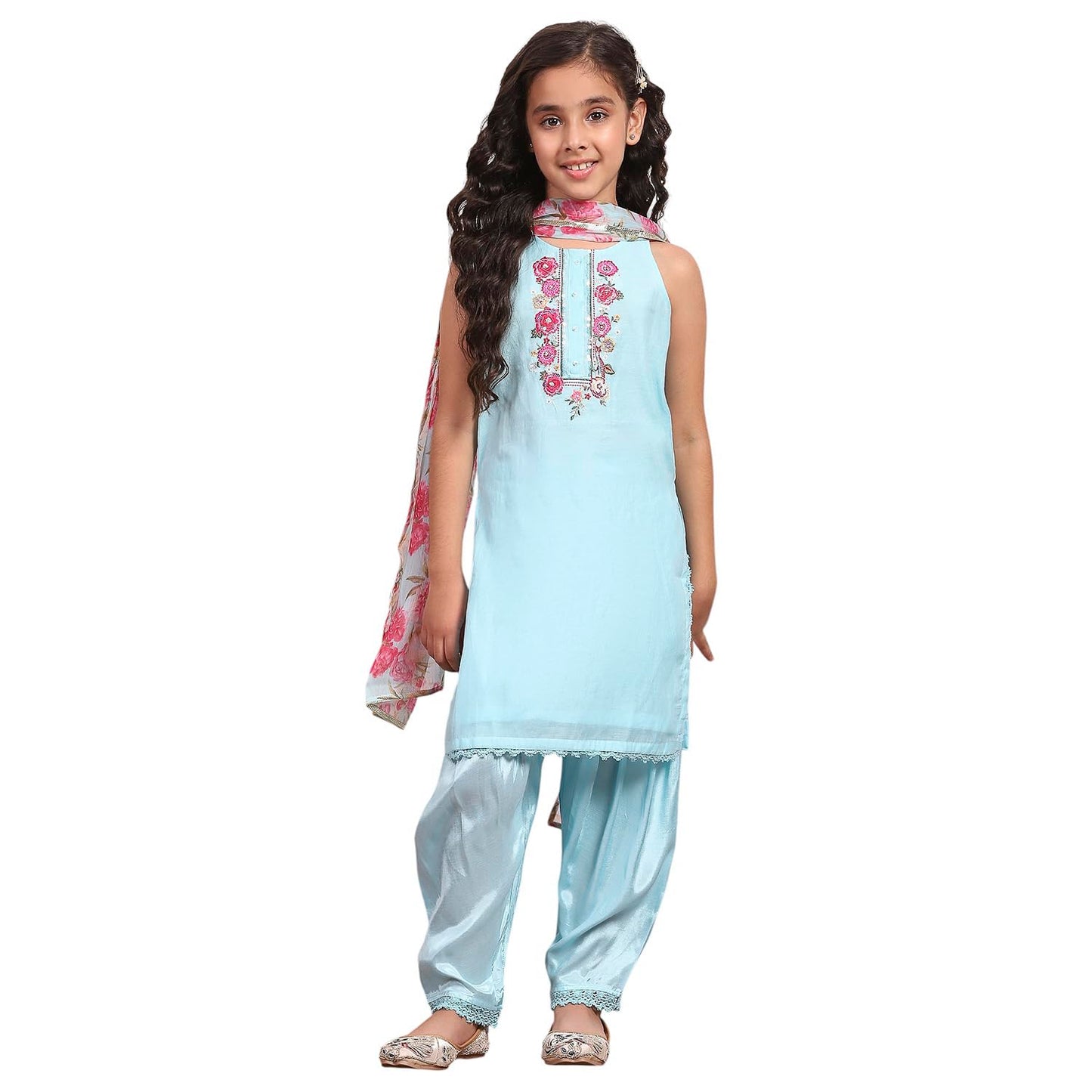 Biba Girl's Sky Blue Polyester Straight Solid Suit Set