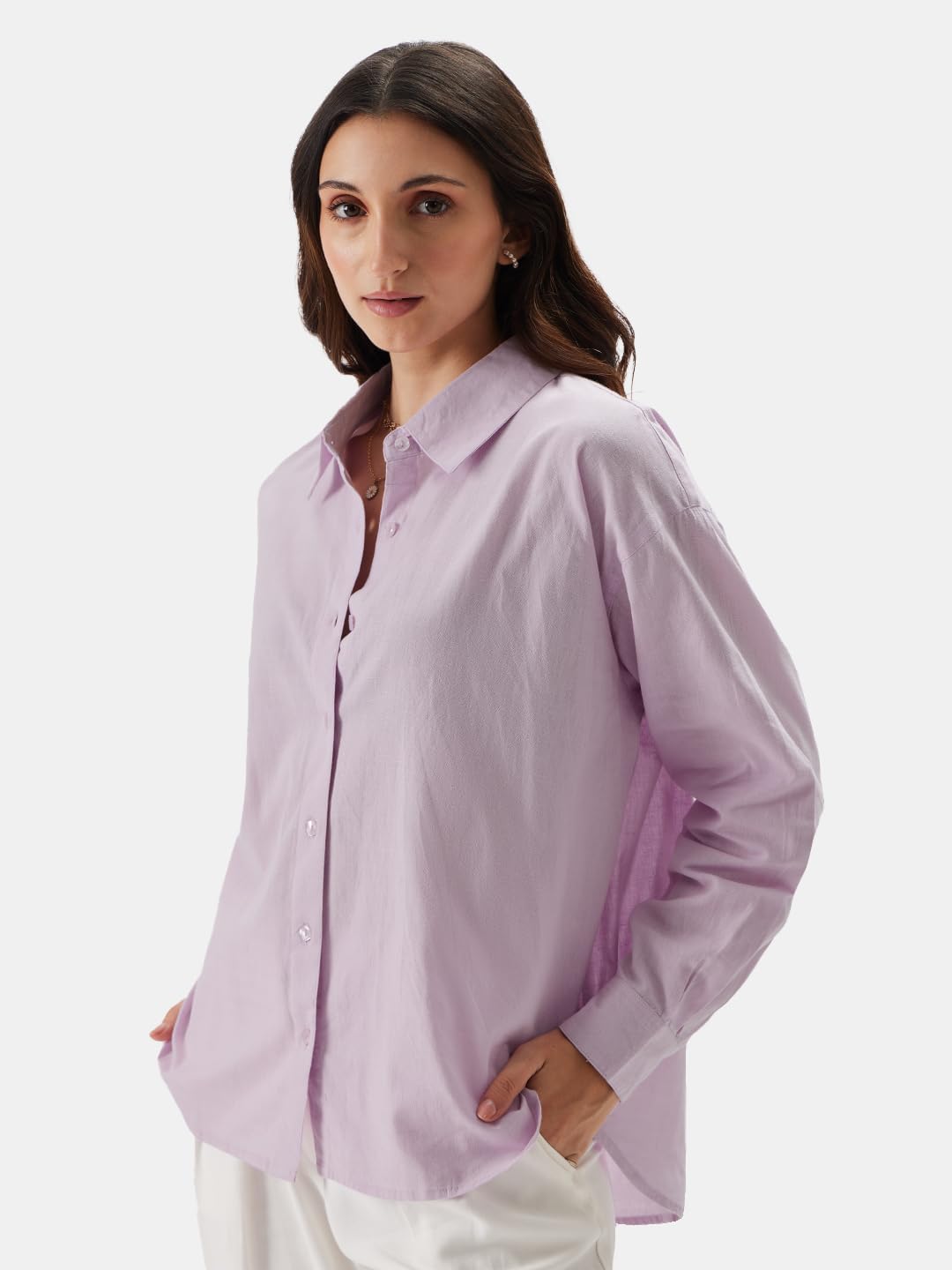The Souled Store Solids: Lavender Women and Girls Loose fit Full Sleeve Cotton and Linen Lavender Color Women Boyfriend Shirts