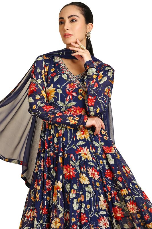 Soch Womens Blue Botanical Print Chinon Angrakha Suit Set with Dupatta