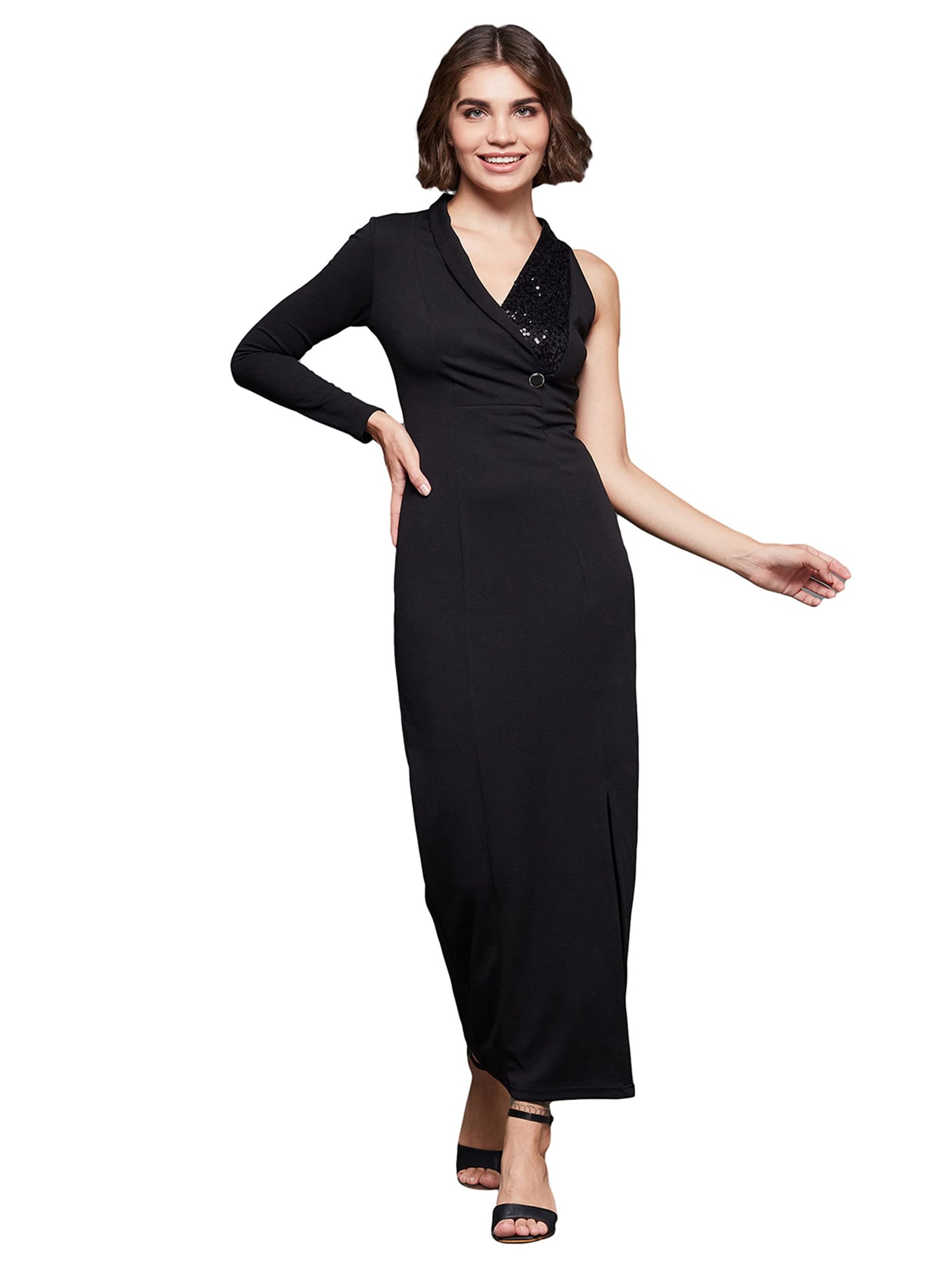 Miss Chase Women's Black Solid Asymmetric Sequined Maxi Dress (MCAW22D98-15-62-04, Black, M)