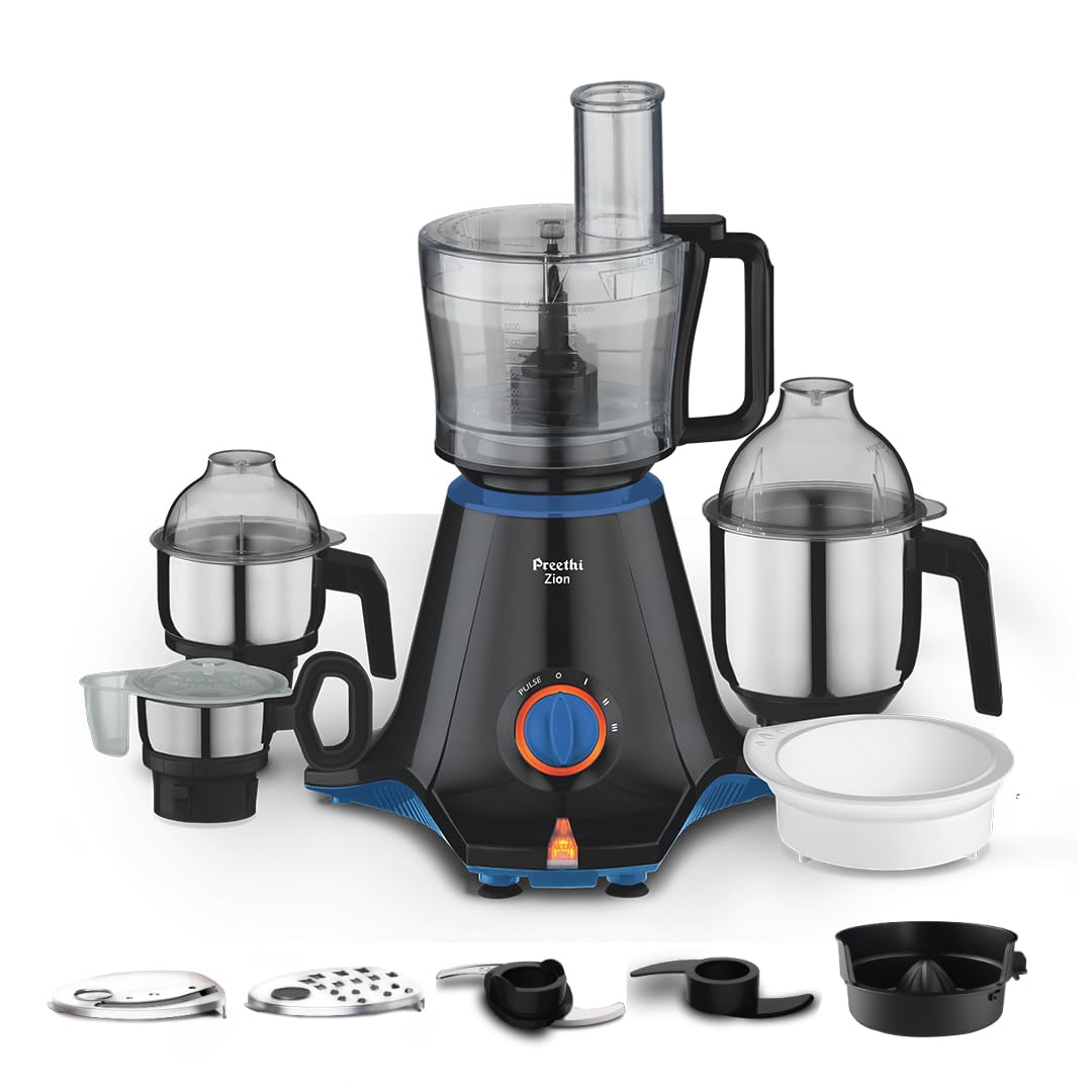 Preethi Zion Mixer Grinder for Kitchen - 4 Jars 750 Watt Mixie (3 Stainless steel Jars+1 Master Chef Plus Food processor Jar), Flexi lids, Vega W5 motor, Black (MG-227)