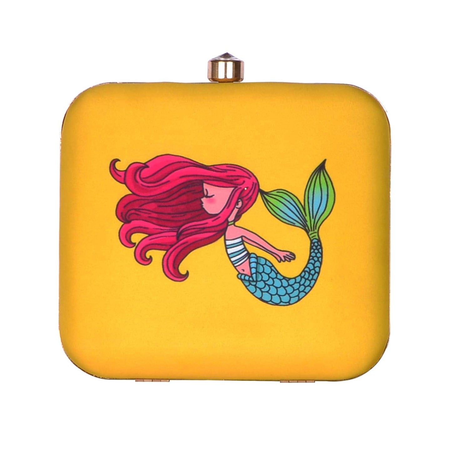 Artklim Women’s Mermaid Portrait Printed Clutch Bag | Stylish Ethnic Ladies Evening Handbag for Party Casual, Bridal and Wedding Use | Box Style Clutch Purse with Detachable Metal Chain Strap (Yellow)