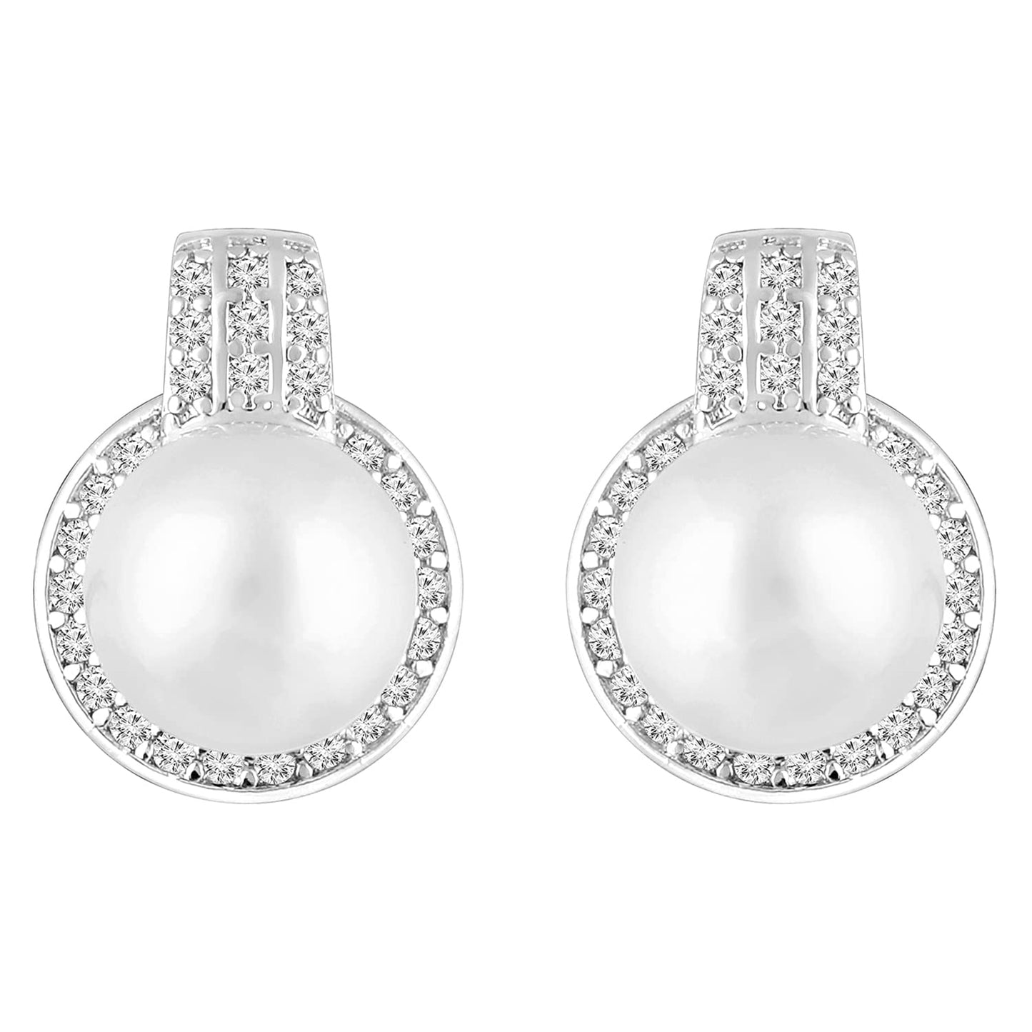 Peora Silver Plated Cubic Zirconia & Pearl Studded Hoop Earrings Stylish Fashion Jewellery Gift for Women & Girls