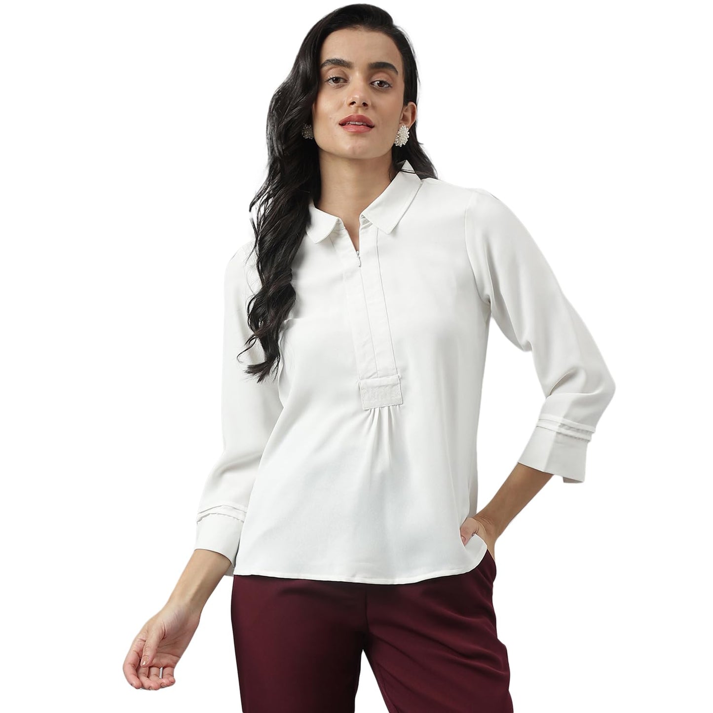 Latin Quarters Women White Casual Solid 3/4 Sleeve Top_XL