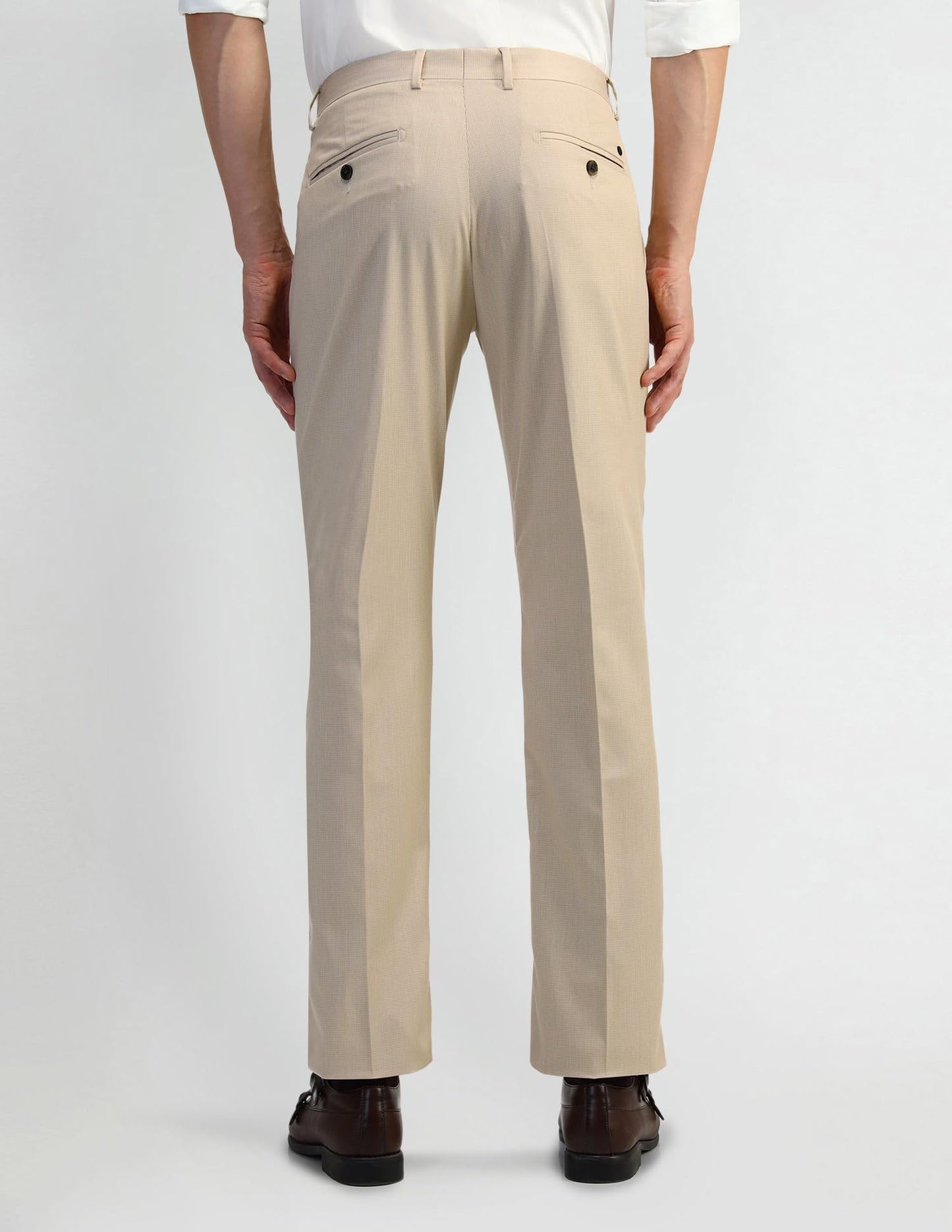 Arrow Men's Beige Textured Mid Rise Polyester Button Tapered Fit Flat Front Slant Pocket Trousers (ARAEOTR1604_Beige_34)