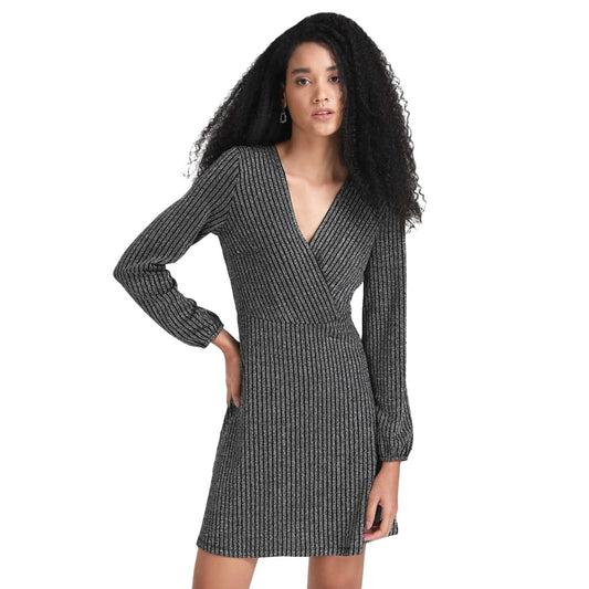 Kazo Embellished Polyester Blend V Neck Womens Mini Dress (Silver Grey, Small)