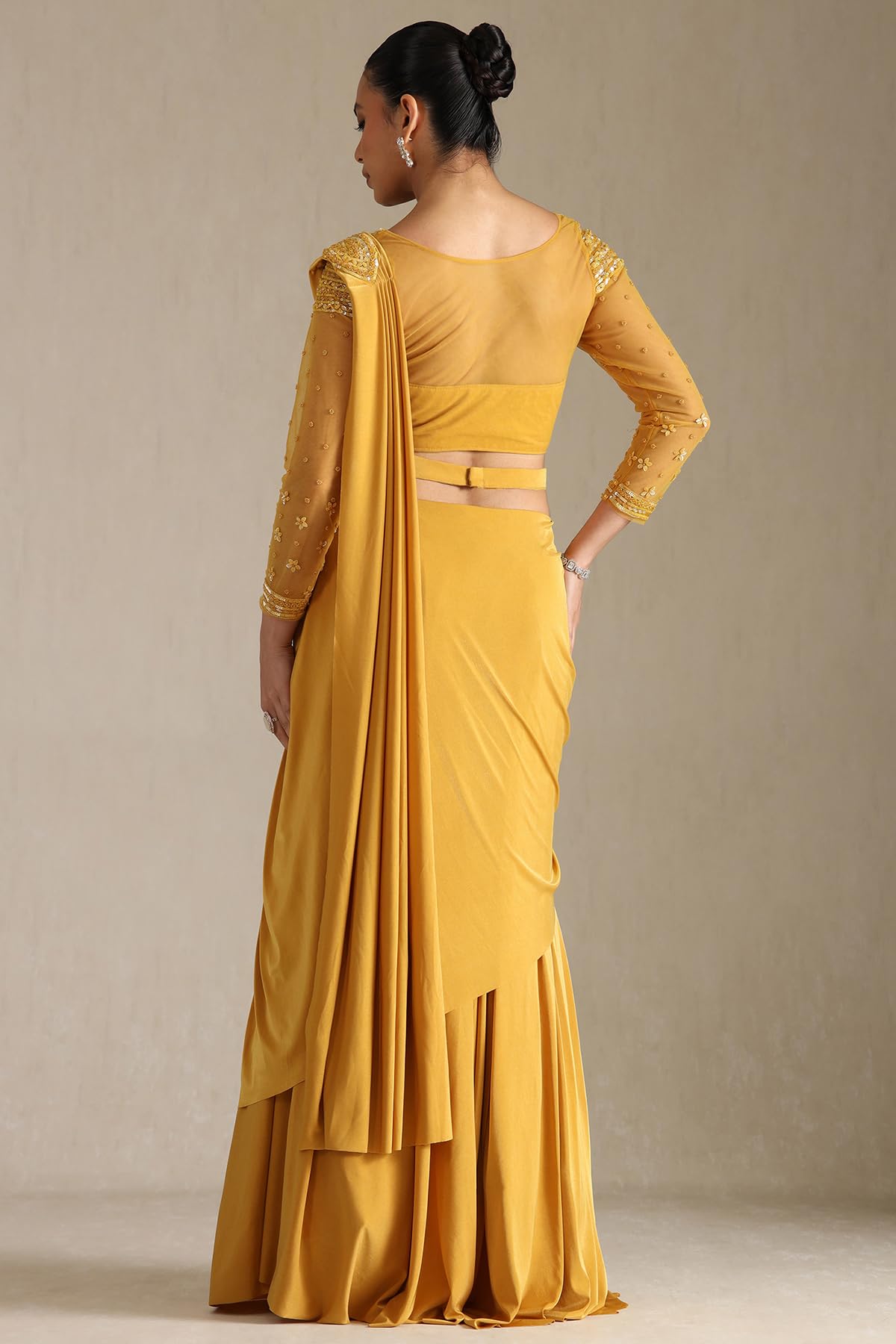 Soch Womens Mustard Nylon Blend Solid Ready To Wear Saree