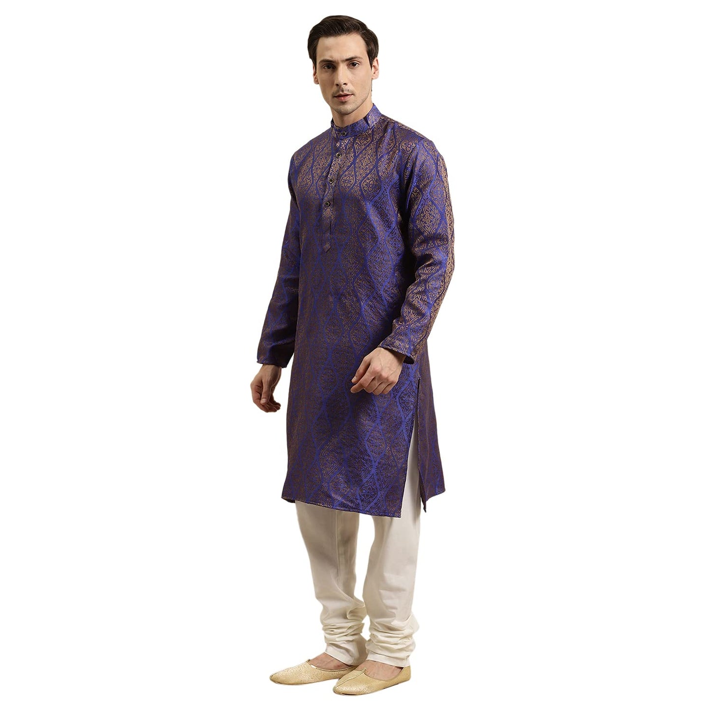 SOJANYA (Since 1958 Men's Jacquard Silk Blue & Gold Kurta & Off-White Churidar Pyjama Set Size 42