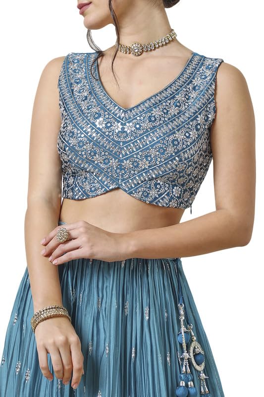 Soch Womens Teal Georgette Embroidered Leheng Set With Sequins Work