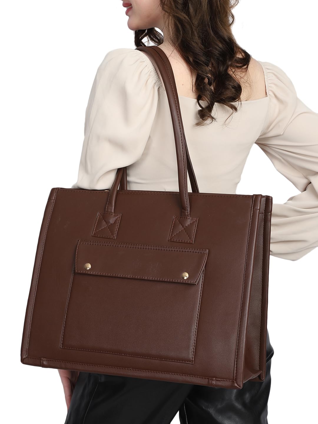 MINI WESST Brown Casual PU Solid Tote Bag (Brown)