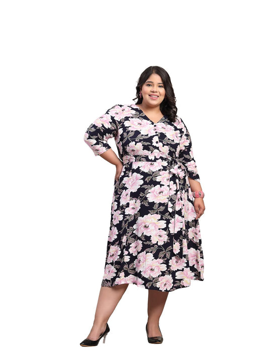 Women Plus Size Floral Print Puff Sleeve Maxi Dress (LDR20244-NAVYPINKFLORAL-6XL)
