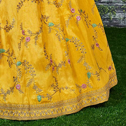 Zeel Clothing Yellow Floral Embroidered Art Silk Semi Stitched Lehenga Choli for Women (7025-Yellow-New-Wedding-Lehenga; Free)