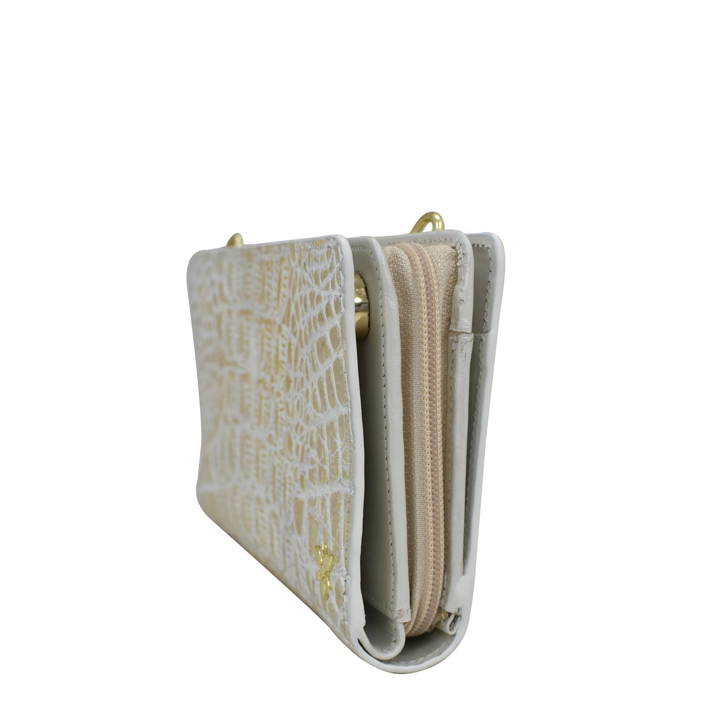 Anuschka Women’s Hand-Painted Genuine Leather Organiser Wallet Crossbody - Croco Embossed Cream Gold