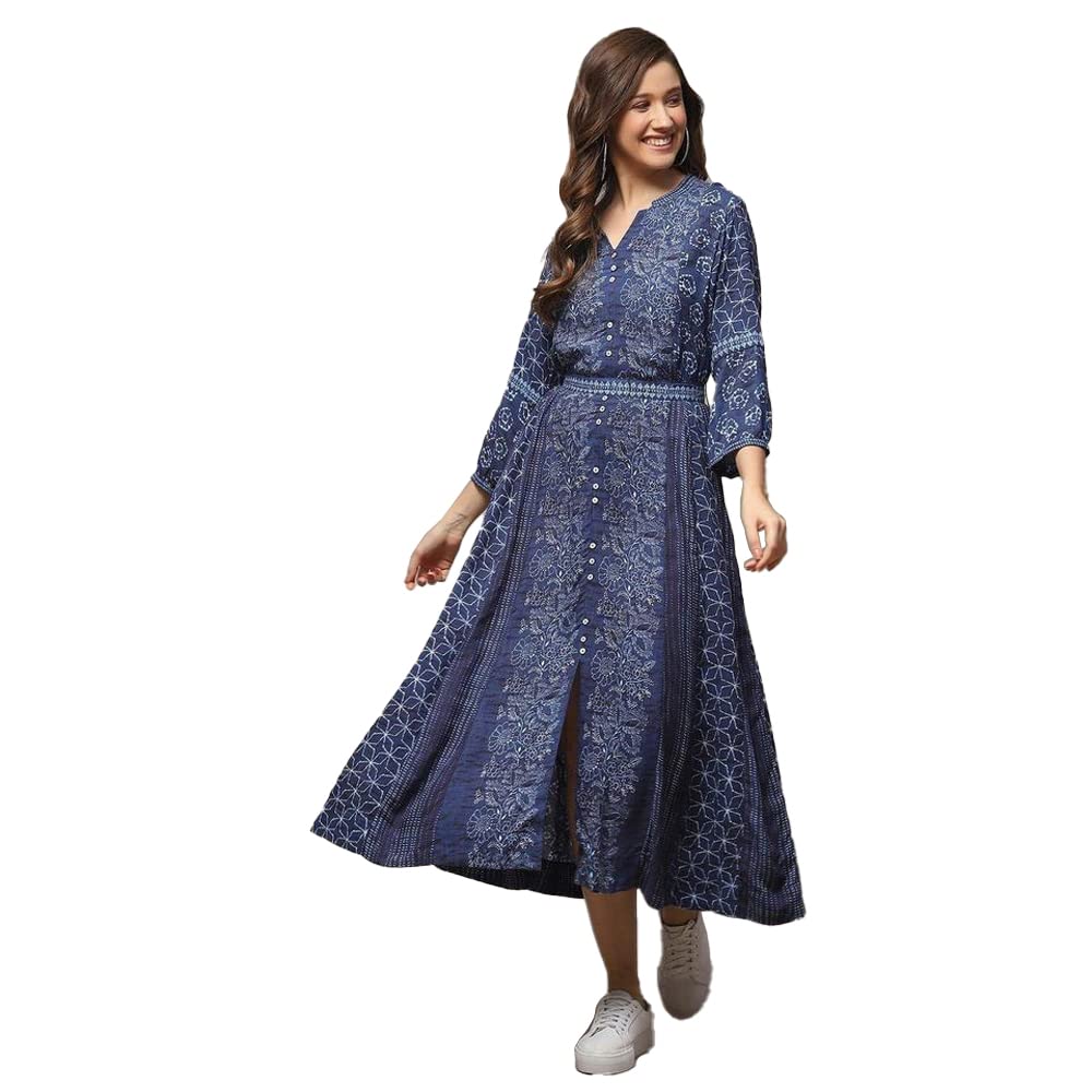 BIBA Women's Indigo Rayon A-Line Printed Dress