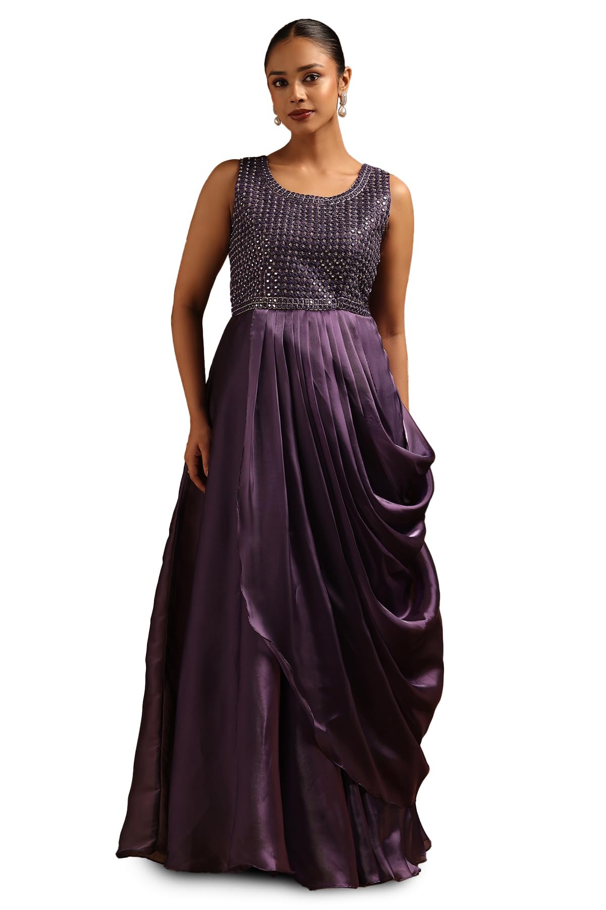 Soch Womens Purple Tissue Embellished Gown with Mirror Work