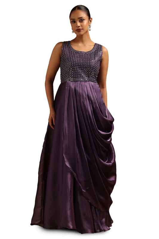 Soch Womens Purple Tissue Embellished Gown with Mirror Work