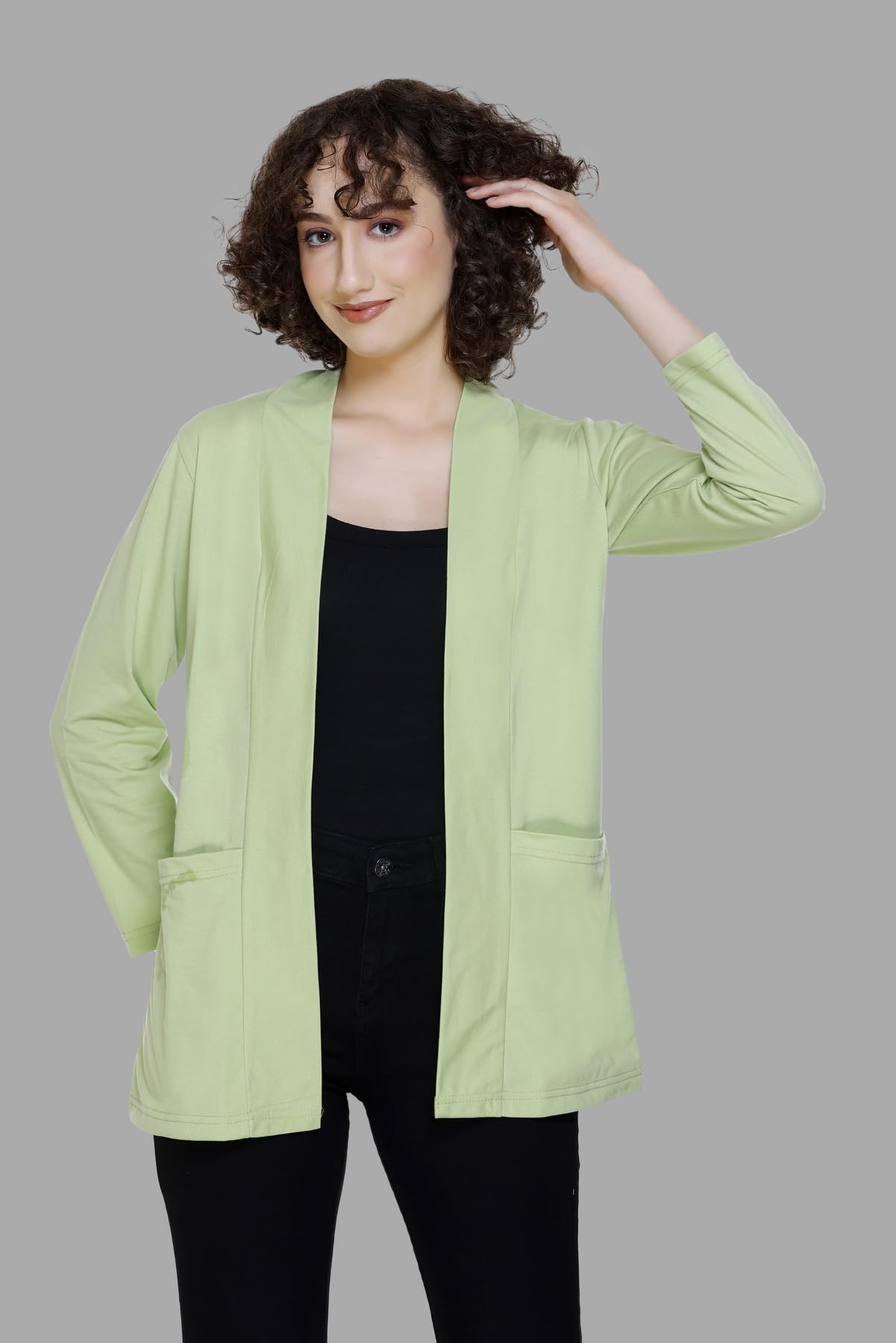 Plush Women's Cotton Waterfall Front Open Regular Mid Length Shurgs | Girls/Ladies Shrug with Front Pockets (2XL-Light Green)