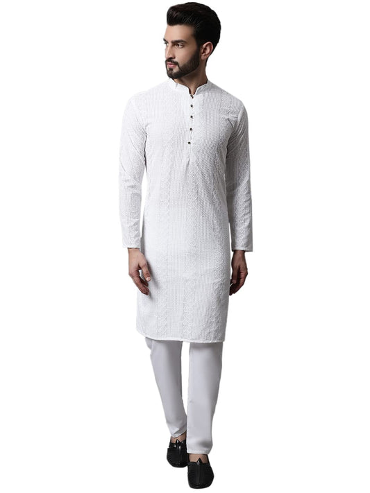 Jompers Men White Embroidered Pure Cotton Kurta with Pyjamas (White, S)