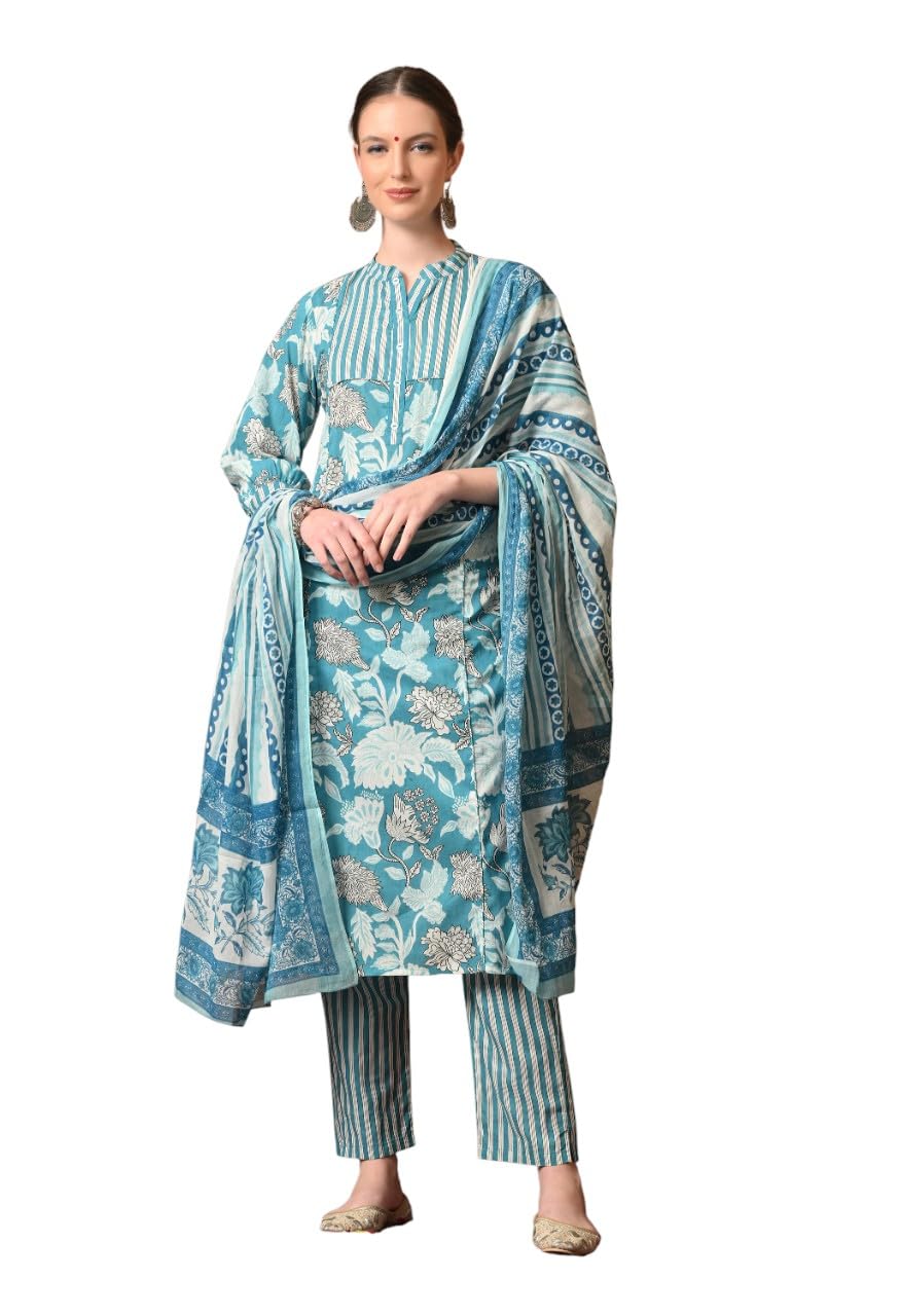 KEOSA Women Floral Printed Regular Pure Cotton Kurta with Trousers & with Dupatta Blue