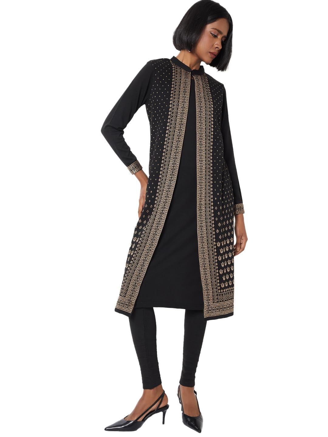 Max Women Knit Layered Winter Kurta (Black_S)