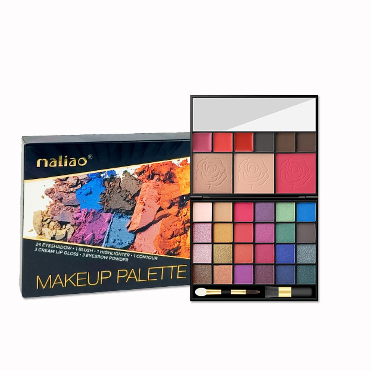 Maliao 24 Eyeshadow 1 Blush 1 Highlighter 1 Contour 3 Cream Lip Gloss 3 Eyebrow Powder Makeup Palette | All-in-One Makeup Kit | Highly Pigmented | Long-Lasting & Versatile | Perfect for Face & Eye Looks | Travel-Friendly, 55g (1)