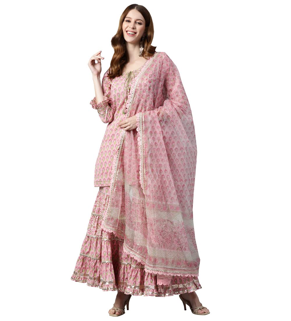 Divena Pink Floral Hand Block Printed Kurta Sharara Set with Dupatta