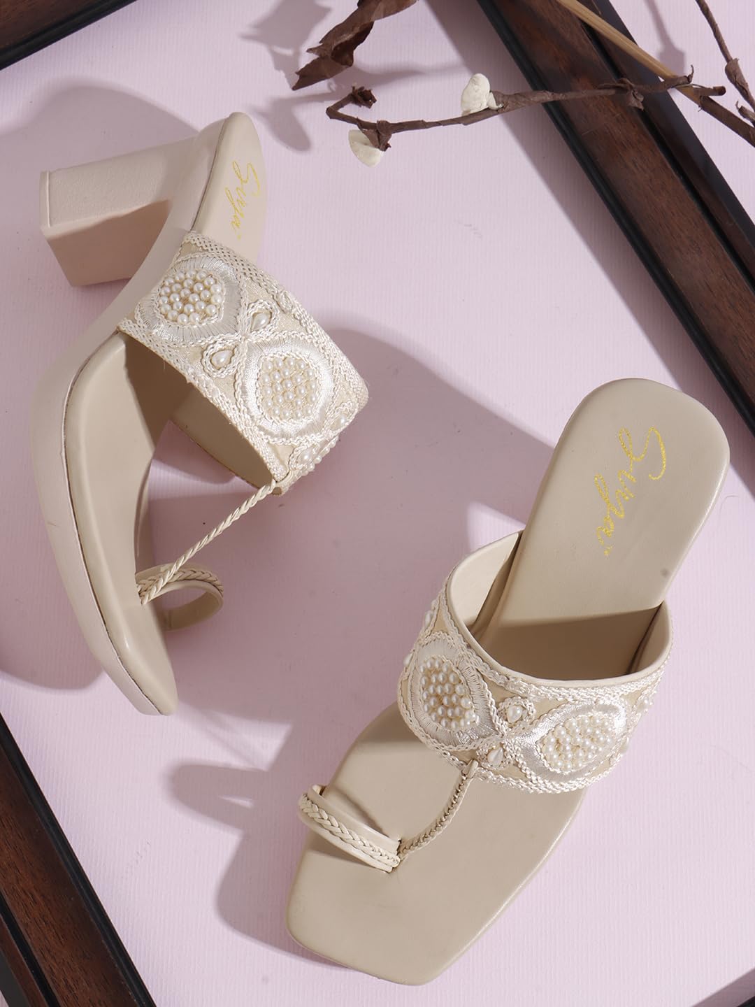 Handcrafted Embroidered Toe-Loop Women Sandals with Block Heel and Pearl Detailing for Ethnic, Festive, and Occasion Wear (Cream, UK Footwear Size System, Adult, Women, Numeric, Medium, 6)