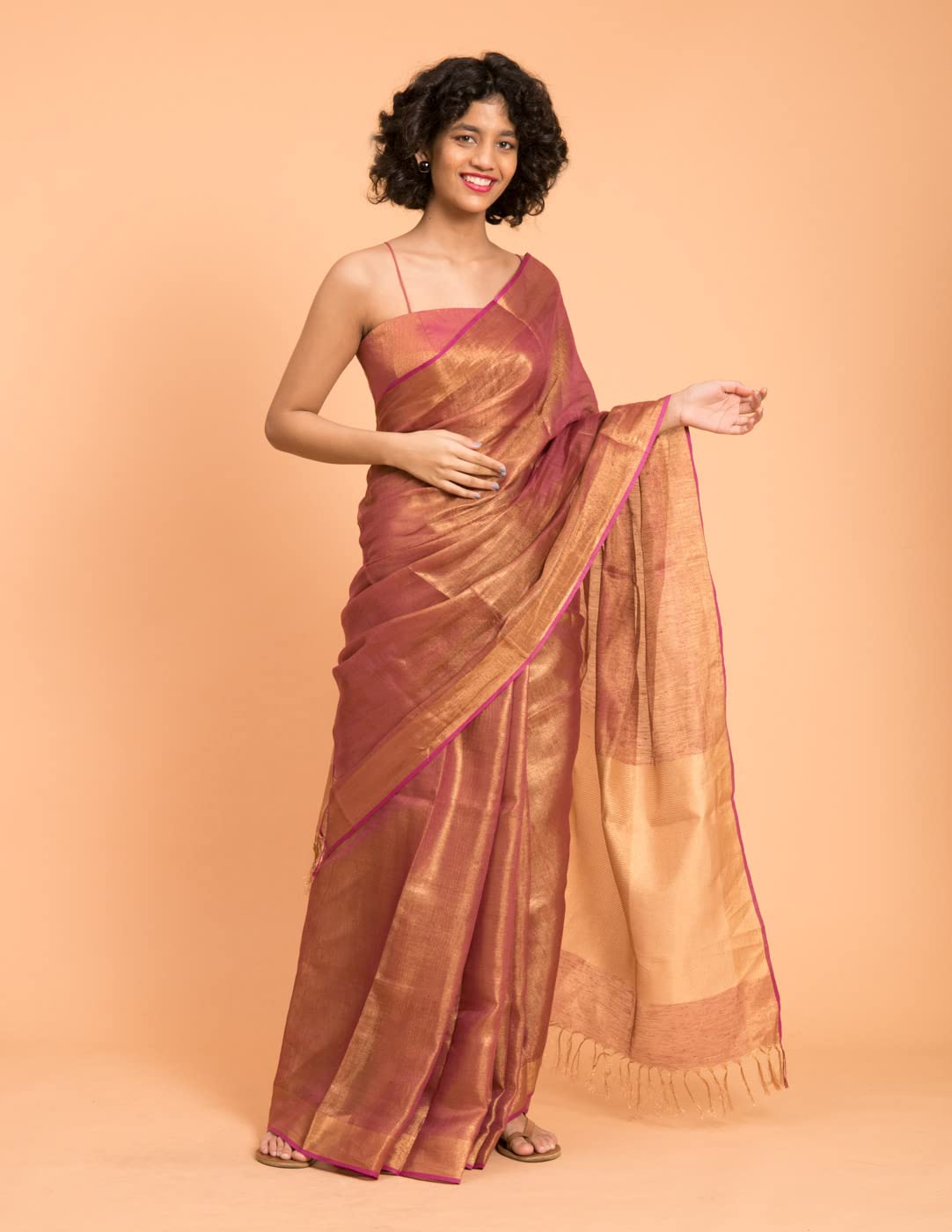 Suta Women's Plain Linen Saree Without Blouse| Linen Pink Saree| Pink Saree| Linen Saree Saree