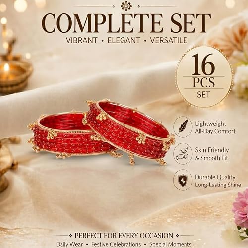 ELIF-X Kashmiri Ghungharoo Raindrop Bangles Set for Women | Traditional Gold Plated Ethnic Bangles | Bridal Wedding Jewelry | Stylish Designer Kada Set for Girls & Women|Red-2.6