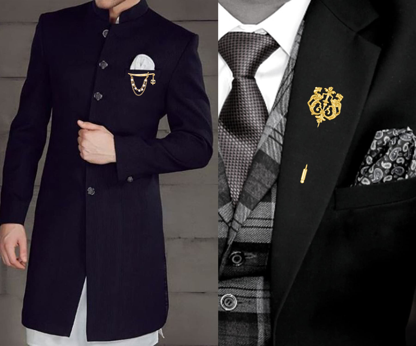 Mahi Combo of Sword and Royal Lion Shaped Layered Chain Wedding Brooch/Lapel Pin with White Crystals, Artificial Pearls for Men (CO1105504G)