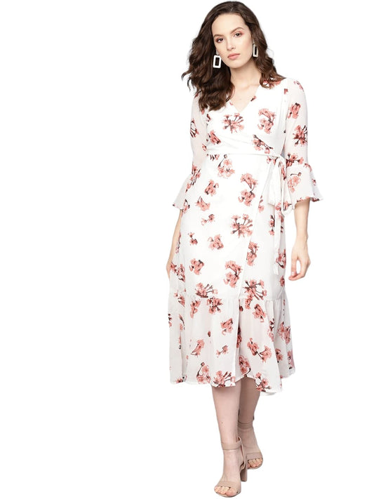 SASSAFRAS White Floral Wrap Tie Dress