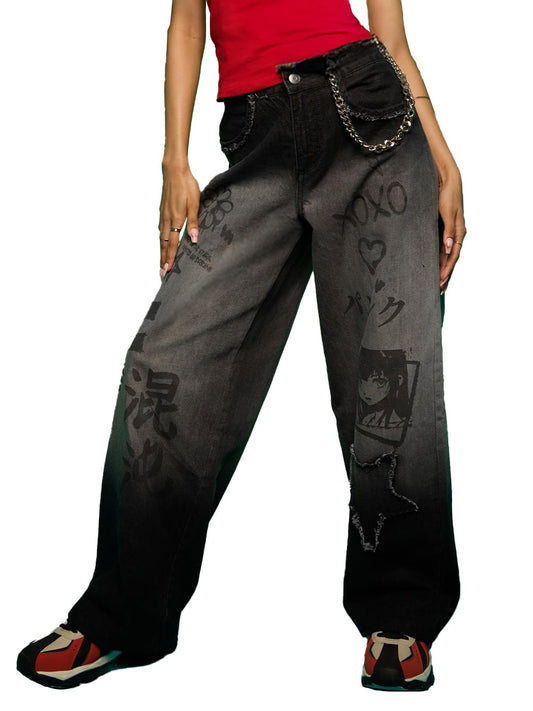The Souled Store Baggy Denim: Cosmic Queen Women and Girls Buttoned Grey Print and Embellished Cotton Baggy Fit Jeans
